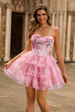 Pink Floral A Line Strapless Tiered Homecoming Dress