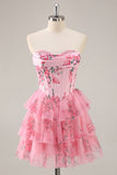 Pink A Line Strapless Tiered Floral Homecoming Dress