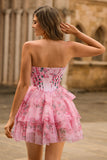 Pink A Line Strapless Tiered Floral Homecoming Dress