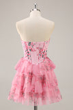 Pink A Line Strapless Tiered Floral Homecoming Dress