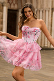 Pink Floral A Line Strapless Tiered Homecoming Dress