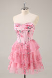 Pink A Line Strapless Tiered Floral Homecoming Dress
