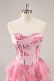 Pink A Line Strapless Tiered Floral Homecoming Dress