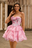 Pink Floral A Line Strapless Tiered Homecoming Dress