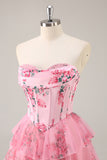 Pink A Line Strapless Tiered Floral Homecoming Dress