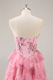 Pink A Line Strapless Tiered Floral Homecoming Dress