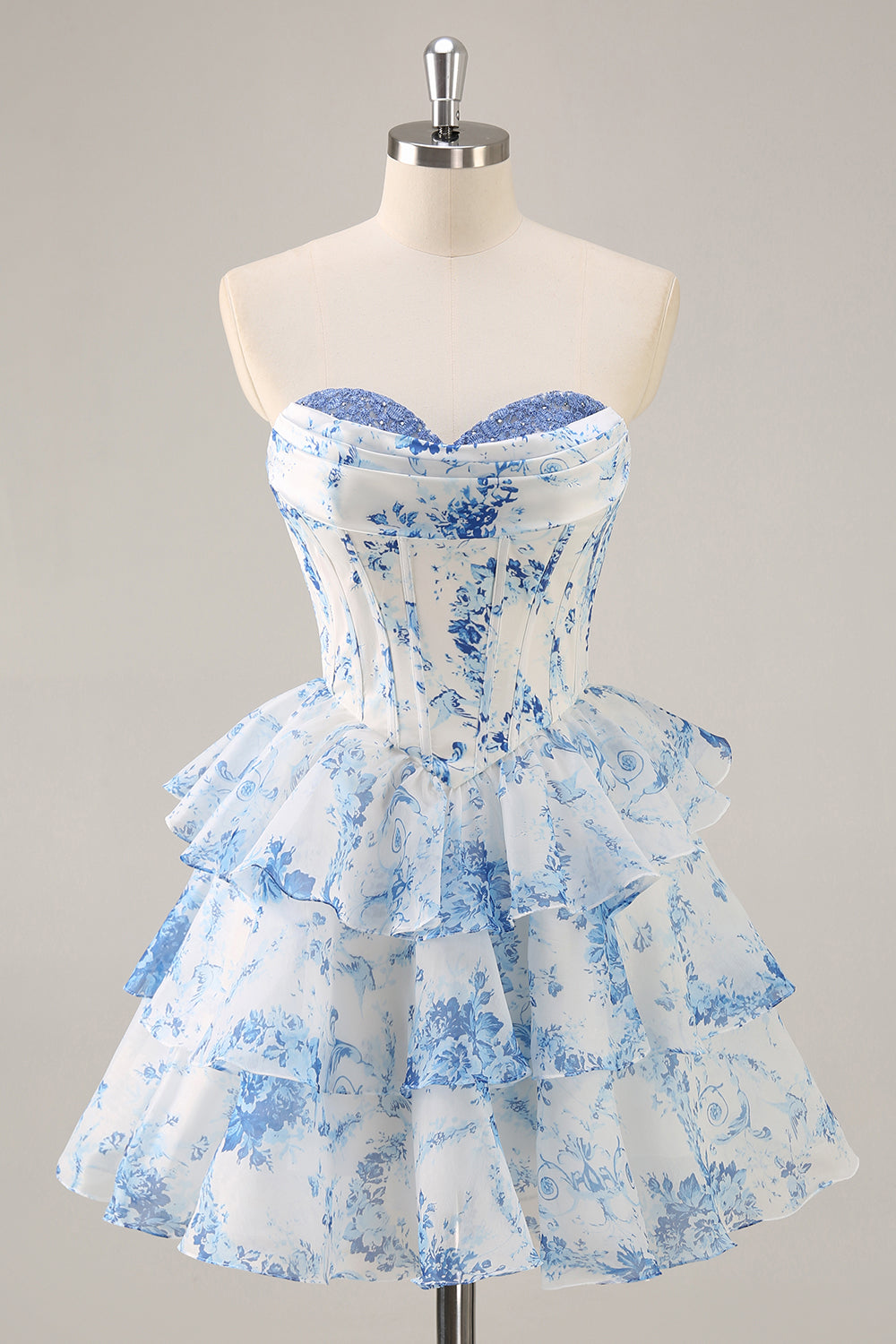 WEDTREND Women Blue Flower Homecoming Dress Strapless Printed Corset Tiered A Line Short Prom Dress, Blue Flower / US12