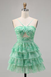 Green Flower A Line Halter Printed Tiered Cute Homecoming Dress