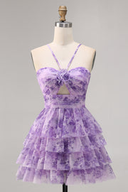 Purple Flower A Line Halter Printed Tiered Short Homecoming Dress