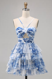 White Blue Flower A Line Halter Printed Tiered Homecoming Dress