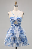 White Blue Flower A Line Halter Printed Tiered Homecoming Dress