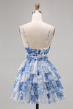 White Blue Flower A Line Halter Printed Tiered Homecoming Dress