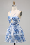 White Blue Flower A Line Halter Printed Tiered Homecoming Dress