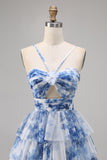 White Blue Flower A Line Halter Printed Tiered Homecoming Dress