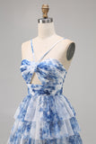White Blue Flower A Line Halter Printed Tiered Homecoming Dress