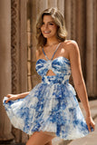 Halter A Line Tiered Cut Out White Blue Flower Homecoming Dress