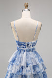 White Blue Flower A Line Halter Printed Tiered Homecoming Dress