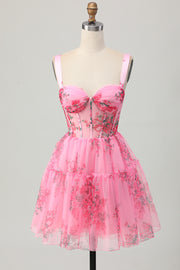 Pink Flower Short A Line Printed Corset Homecoming Dress