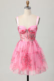 Pink Flower Short A Line Printed Corset Homecoming Dress