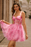 Printed Pink Flower Short A Line Corset Homecoming Dress