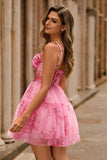 Printed Pink Flower Short A Line Corset Homecoming Dress