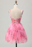 Pink Flower Short A Line Printed Corset Homecoming Dress