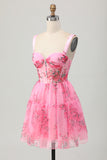Pink Flower Short A Line Printed Corset Homecoming Dress