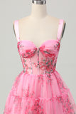 Pink Flower Short A Line Printed Corset Homecoming Dress