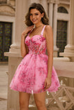 Printed Pink Flower Short A Line Corset Homecoming Dress