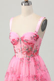 Pink Flower Short A Line Printed Corset Homecoming Dress