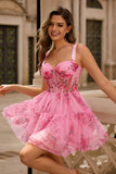 Printed Pink Flower Short A Line Corset Homecoming Dress