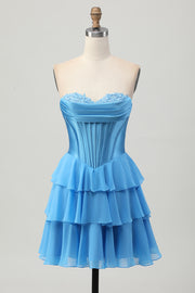 Tiered Strapless A Line Corset Blue Homecoming Dress