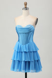 Tiered Strapless A Line Corset Blue Homecoming Dress