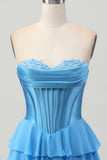 Tiered Strapless A Line Corset Blue Homecoming Dress