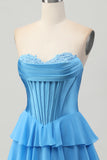 Tiered Strapless A Line Corset Blue Homecoming Dress