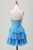 Tiered Strapless A Line Corset Blue Homecoming Dress