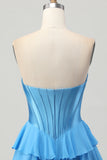 Tiered Strapless A Line Corset Blue Homecoming Dress