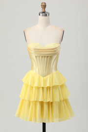 Yellow A-line Sweetheart Corset Tiered Short Homecoming Dress