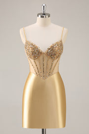 Golden Bodycon Satin Corset Sequins Homecoming Dress