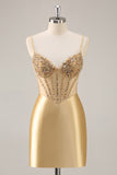 Golden Bodycon Satin Corset Sequins Homecoming Dress