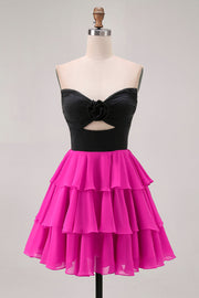 Black Fuchsia A Line Strapless Tiered Cut Out Homecoming Dress