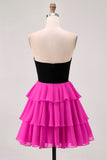 Black Fuchsia A Line Strapless Tiered Cut Out Homecoming Dress