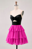 Black Fuchsia A Line Strapless Tiered Cut Out Homecoming Dress