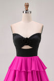 Black Fuchsia A Line Strapless Tiered Cut Out Homecoming Dress