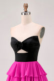Black Fuchsia A Line Strapless Tiered Cut Out Homecoming Dress