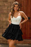 Black White Strapless Tiered Short Homecoming Dress