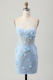 Blue Tight Sequins Corset Short Homecoming Dress with 3D Flowers