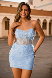 Blue Tight Sequins Corset Short Homecoming Dress with 3D Flowers