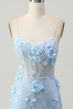 Blue Tight Sequins Corset Short Homecoming Dress with 3D Flowers