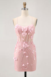 Sparkly Sequins Beaded Blush Bodycon Short Corset Homecoming Dress with Appliques
